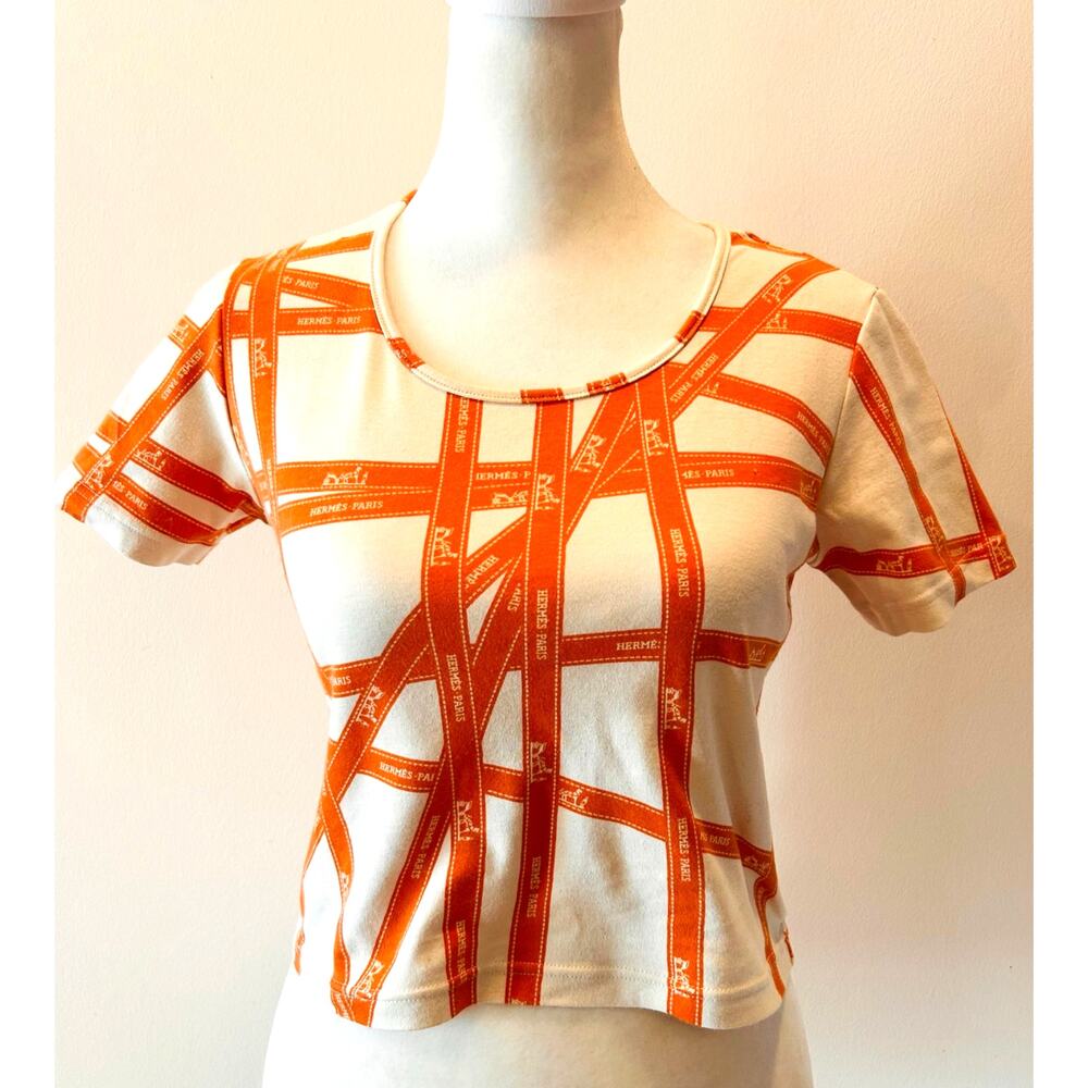 Hermes Orange White Ribbon Graphic Crop T shirt Small